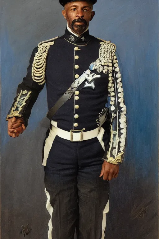 Image similar to full body portrait of the dictator of the orlando magic, 1 8 8 9, in full military garb, magic blue, silver, and black, shaquile o'neil, oil on canvas by william sidney mount, trending on artstation