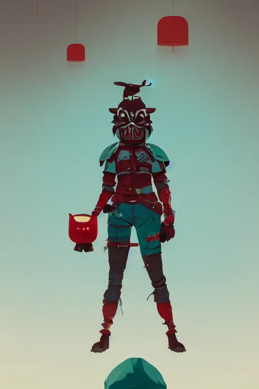 Prompt: female adventurer in tight full - body teal leather armor of japanese design with red accents and a white porcelain crow mask, trending in artstation, japanese, by simon stalenhag, establishing shot