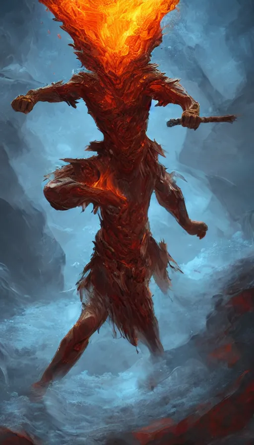 Image similar to fire elemental, man figure, flat background, man body, full body, intricate, beautiful, pathfinder, epic painting, paint texture, uplight, 8k, highly detailed, illustration