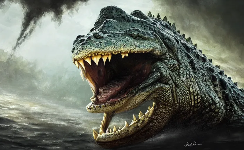 Prompt: a masterpiece of a crocodile with steam coming from it's nostrils, cinematic, fantasy, hyper detailed, digital painting, 4 k realistic, trending on artstation, sharp focus, john banovich, light source on left