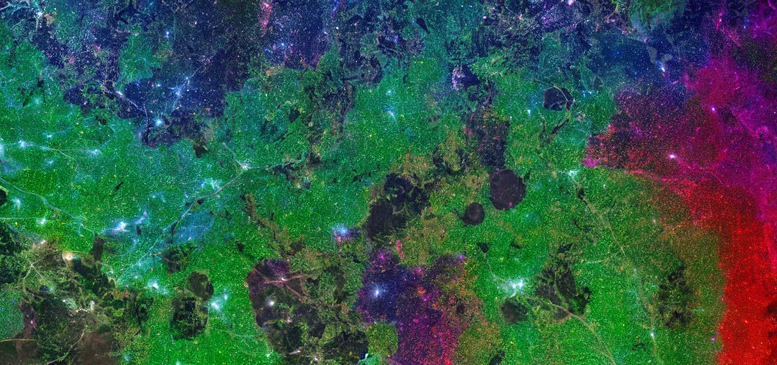 Image similar to nasa photo of the amazon forest made of plastic bags of different colors, in a real space photography, super detailed image, trending on artstation, moody, cinematic, 8 k, volumetric lighting