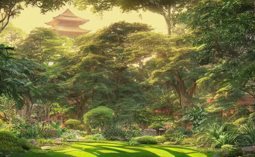 Prompt: grass ground surrounded by japanese garden, jungle, bay window, art nouveau, sunbeams, highly detailed, digital painting, architecture, artstation, concept art, sharp focus, illustration