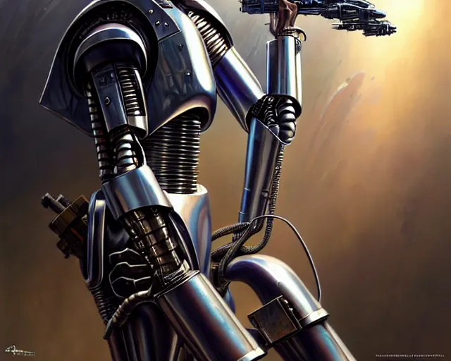 Prompt: beautiful fantasy character portrait, the terminator, wearing black bucket hat, futuristic chrome parts, ultra realistic, dramatic lighting, droids, the fifth element artifacts, perfect symmetry, highly detailed by peter mohrbacher, hajime sorayama, wayne barlowe, boris vallejo, aaron horkey, gaston bussiere, craig mullins