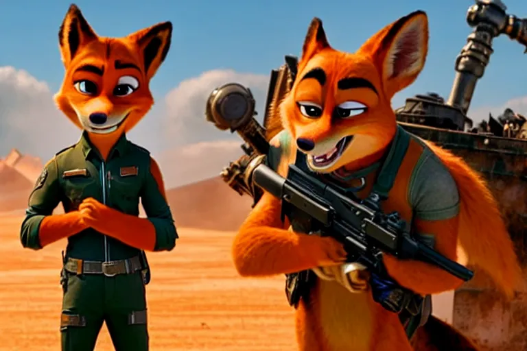 Image similar to nick wilde ( from zootopia ), heavily armed and armored facing down armageddon in a dark and gritty reboot from the makers of mad max : fury road