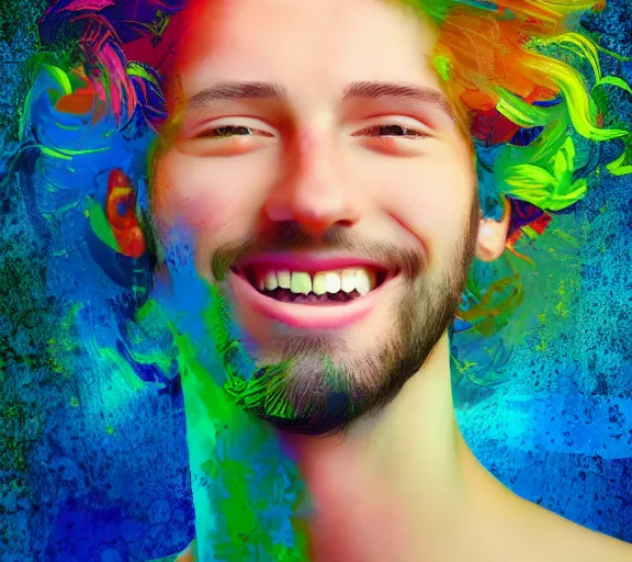 Prompt: beautiful young man smiling running his hand through his hair, digital art, colourful, digital art, seductive.