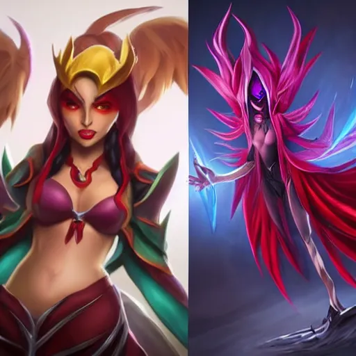 Prompt: league of legends characters, xayah and kai'sa, hyperrealistic