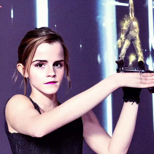 Image similar to photo of emma watson holding bright energetic thunderbolts in her hands. cinematic