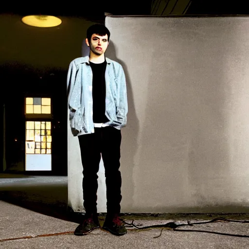 Prompt: nathan fielder on the crystal castles album cover standing against the wall