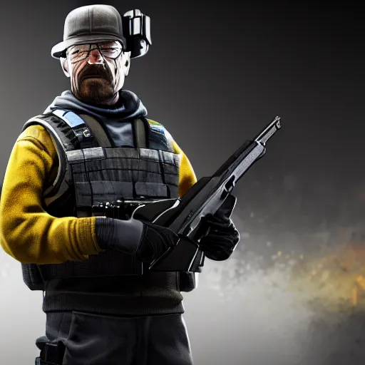 Image similar to walter white holding a shotgun as a rainbow six siege operator, 4 k, highly detailed