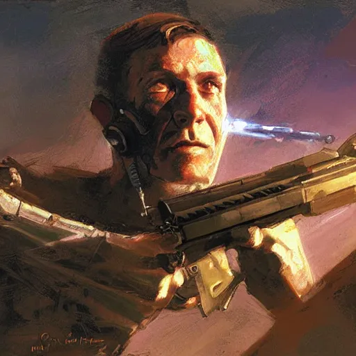 Prompt: Human with one mechanical eye, a technological cloak, looking down the scope of a rifle, futuristic, by craig mullins