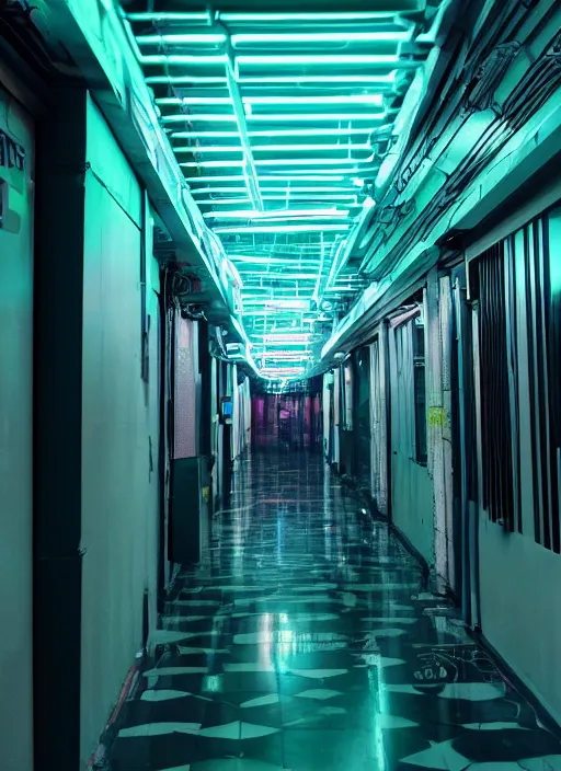 Image similar to a view of a dark corridor with cyberpunk neon lights, depth of field photo by yi insang, unsplash, video art, 8 k wallpaper, cinematic view