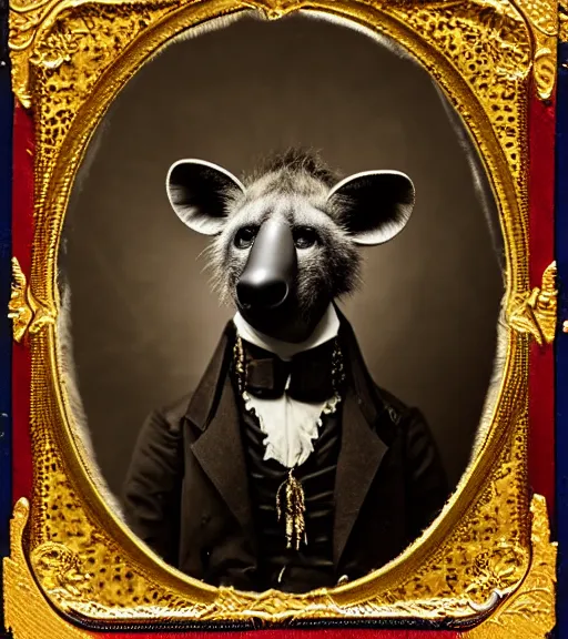 Image similar to professional studio photo portrait of anthro anthropomorphic spotted hyena head animal person fursona smug smiling wearing elaborate pompous royal king robes clothes gold frame by Louis Daguerre daguerreotype tintype