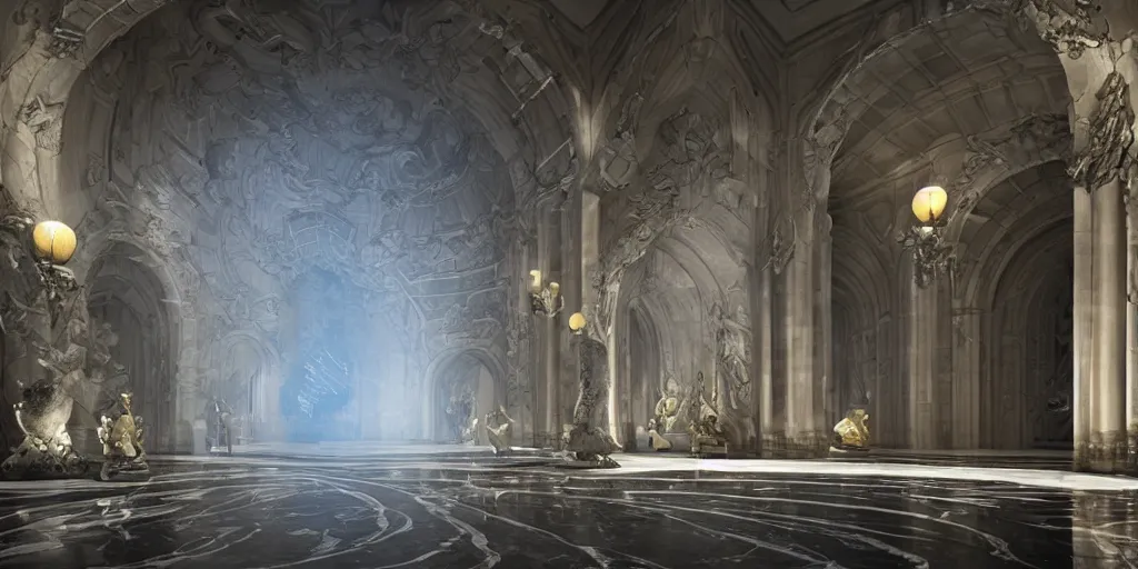 Image similar to the grand magical entrance, matte marble floors, art by kotaro chiba, volumetric lighting, epic composition