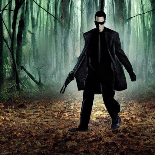 Image similar to dark forest protected by strange creature, the matrix movie style