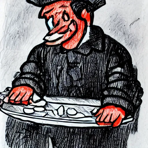 Prompt: drawing of a man salting bacon