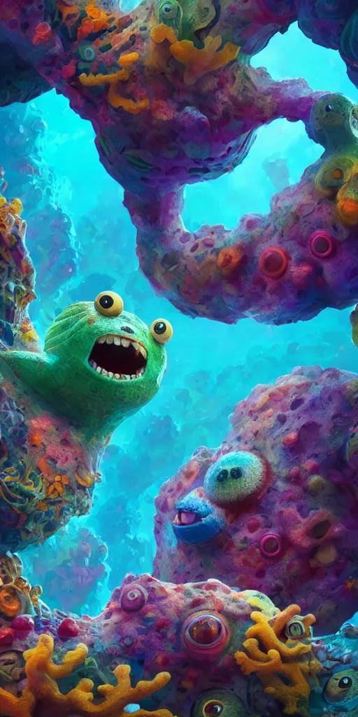 Prompt: of a colorful under water cave with strange cute friendly happy creatures with huge eyes, mouth, long tongue and round teeth appearing from sandy coral, in the style of gehry and gaudi, macro lens, shallow depth of field, ultra detailed, digital painting, trending artstation, concept art, illustration, cinematic lighting, photorealism, epic, octane render