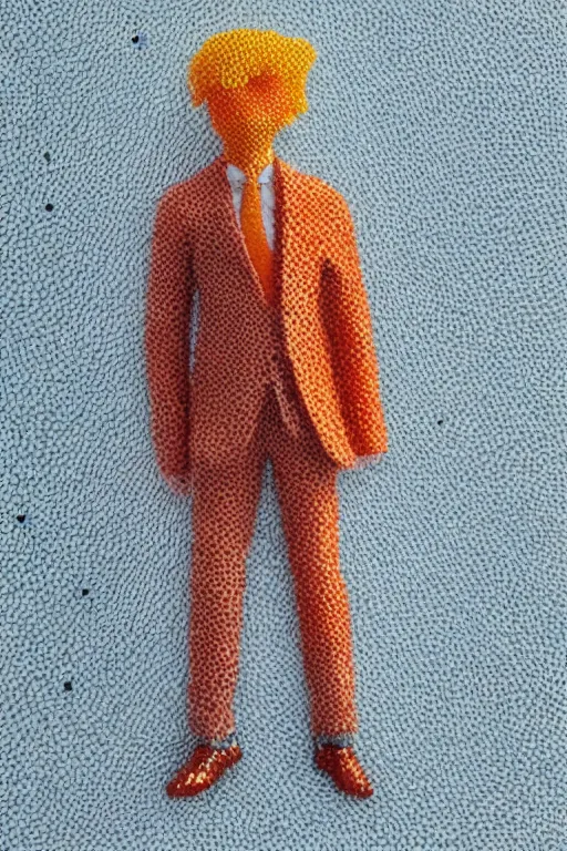 Prompt: a scene depicting a orange haired character wearing a suit made from linen and transparent plastic, pointillism, super detailed, soft light