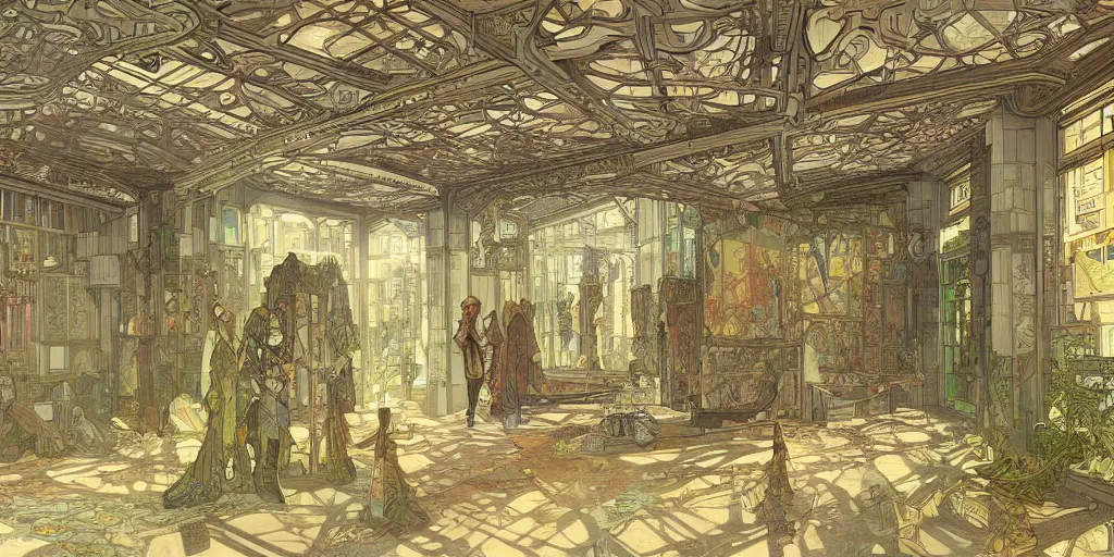 Prompt: a photo of a concept architecture art house solarpunk indoor, style brutalism, extremely detailed, sharp focus, wide view, detailed rought paper, digital illustration, colorfull, by william turner art, by alphonse mucha