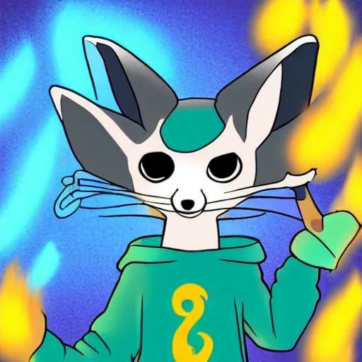 Image similar to Cartoon fennec character wearing a blue sweatshirt and holding fireballs, furry fandom, stylised