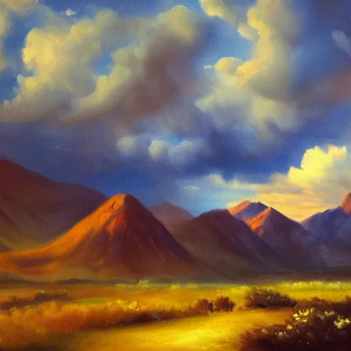 Prompt: a beutiful oil painting of a landscape, dramatic lighting, clouds in the sky, mountains