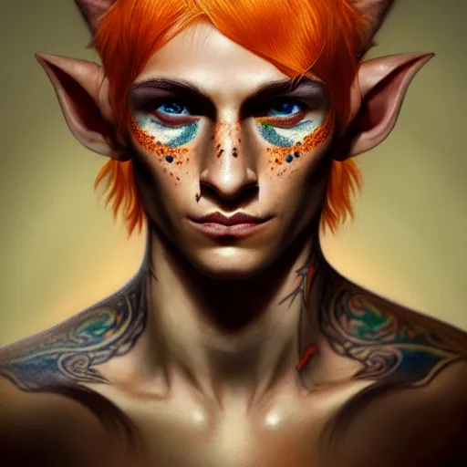 Prompt: portrait painting of an elven eladrin young man with short light orange hair and freckles and tribal tattoos on his cheekbones, sharp focus, award - winning, trending on artstation, masterpiece, highly detailed, intricate. art by merwild and ernesto irawan and rachel denton