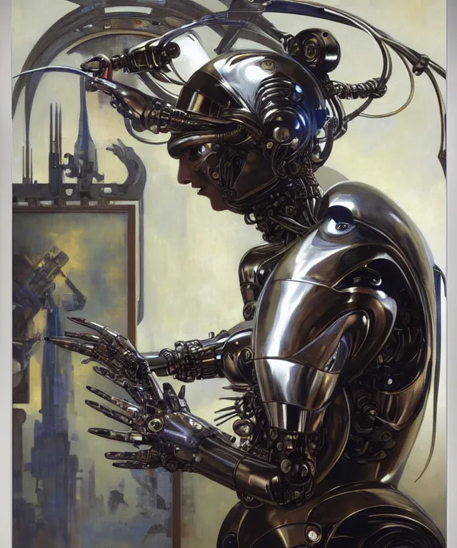 Prompt: photo of futuristic holy futuristic cyborg-robot-painter-artist creating a painting with acrylic paint and brushes in a futuristic artist studio by H.R Giger, William-Adolphe Bouguereau, by Ayami Kojima, Amano, Karol Bak, Greg Hildebrandt, and Mark Brooks, Neo-Gothic, gothic, rich deep colors. masterpiece, intricate artwork by Tooth Wu and wlop and beeple, greg rutkowski. still from a 2021 movie by Terrence Malick, Tarkovsky, Gaspar Noe, James Cameron,