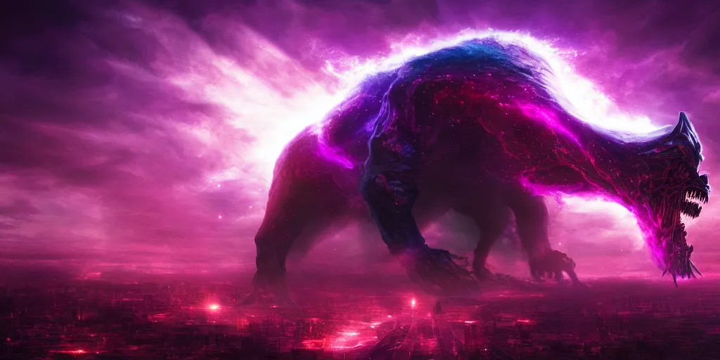 Prompt: Horrific cosmic beast consumes distant future city, megacity collapsing and imploding, beast emerging from timespace tear, cinematic lighting, PBR, hyperrealistic, oil painting, purple crimson color scheme