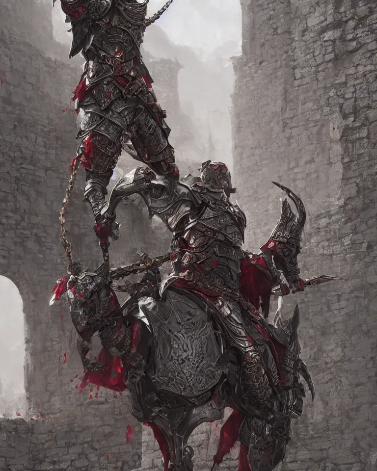 Image similar to fantasy knight, ornate intricate armour, hanging from a tall stone brick wall,'the countdown begins'written in blood on the wall, artstation, matte painting, concept art, greg rutkowski, 4 k