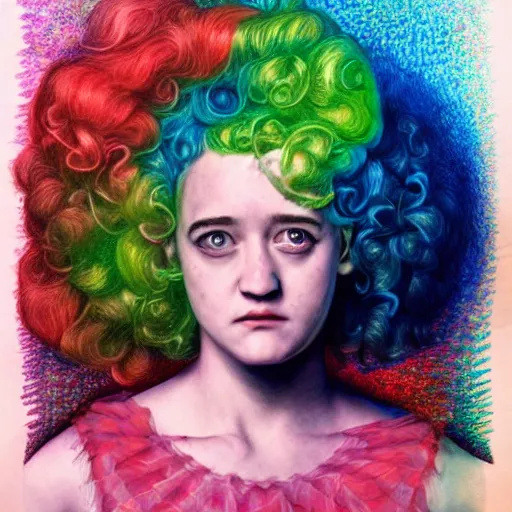 Image similar to surrealism psychedelic portrait sketch of julia garner as delirium of the endless in fishnet top and rainbow tutu skirt from the sandman, floating goldfish, green and blue eye heterochromia by alex ross, josh kirby, detailed, elegant, intricate