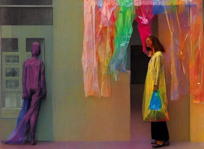 Image similar to woman in a translucent clothing made from colorful rainbow plastic bag with paper bags for clothes standing inside paper bags with paper bag over the head at colorful rainbow store display, highly detailed, artstation, art by , edward hopper, zdislav beksinski, wayne barlowe