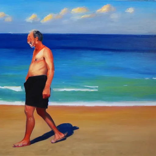 Image similar to a man walking in a sunny day in the beach with black shorts, oil painting