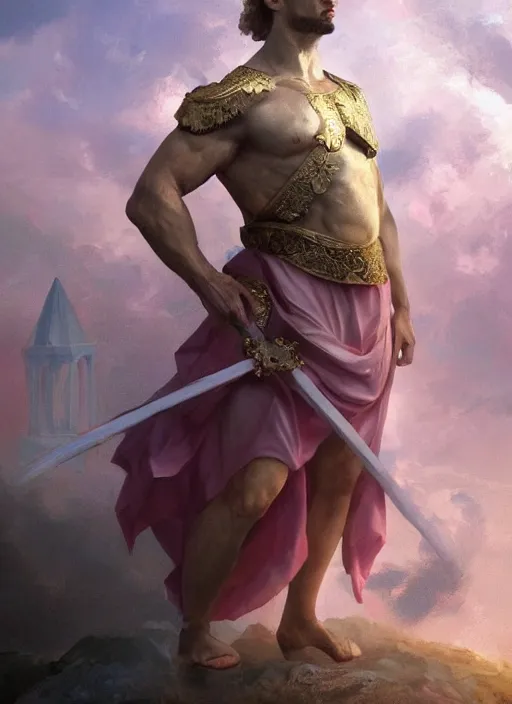 Prompt: vladimir putin as a magnificent beautiful greek god in a crown and short pink balerrina skirt by greg rutkowski