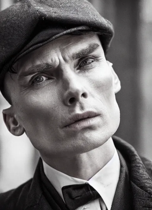 Prompt: Tommy Shelby from Peaky Blinders, Cillian Murphy closeup portrait. flat cap. manga. gritty. Document. photo