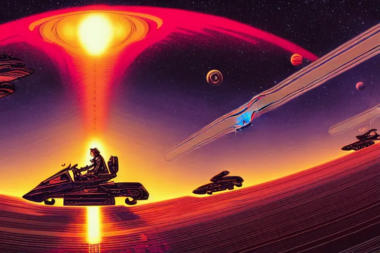 Prompt: artwork by kilian eng and ( dan mumford ) and toshi yoshida and franklin booth showing a speederbike race on the rings of saturn, vintage scifi, high details, dramatic lightning,, 8 k