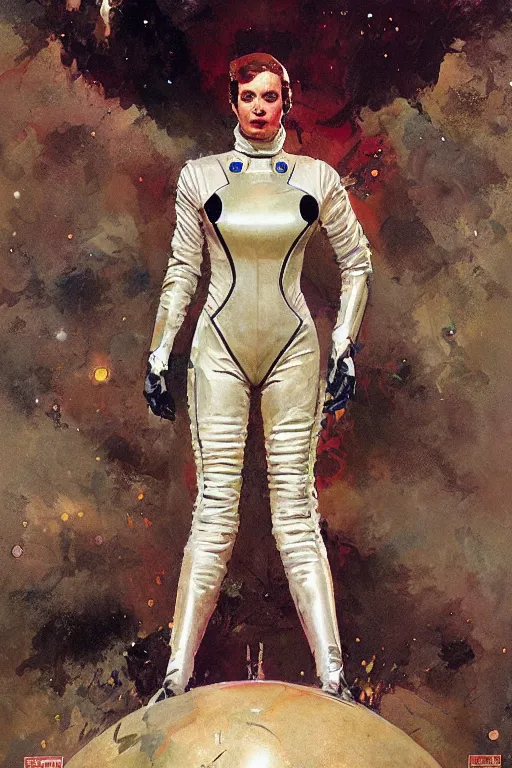 Image similar to pulp scifi fantasy illustration full body portrait of elegant woman wearing latex spacesuit, by norman rockwell, jack kirby, bergey, craig mullins, ruan jia, jeremy mann, tom lovell