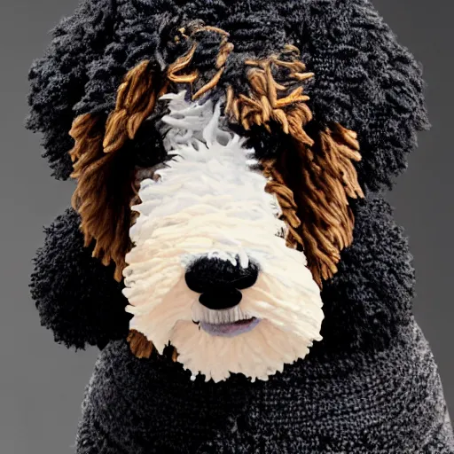 Image similar to a closeup photorealistic photograph of a cute smiling knitted bernedoodle judge dog dressed in a black gown, presiding over the courthouse. indoors, professional capture, well lit shot. this 4 k hd image is trending on artstation, featured on behance, well - rendered, extra crisp, features intricate detail, epic composition and the style of unreal engine.