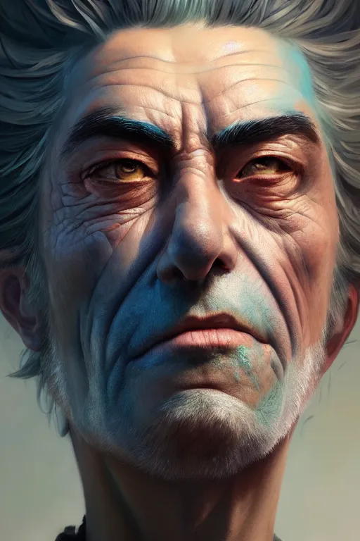 Image similar to ultra detailed facial portrait rick sanchez, extremely detailed digital painting, in the style of fenghua zhong and ruan jia and jeremy lipking and peter mohrbacher, mystical colors, rim light, beautiful lighting, 8 k, stunning scene, raytracing, octane, trending on artstation