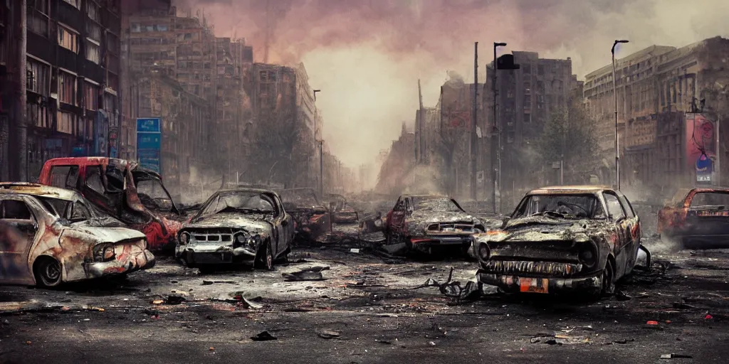 Image similar to post - apocalyptic kreuzberg streets, burned cars, explosions, colorful smoke, hyperrealistic, gritty, damaged, dark, urban photography, photorealistic, high details