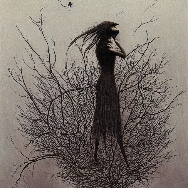 Image similar to crow girl in thorns by Beksinski