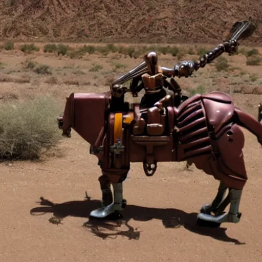 Prompt: A dieselpunk robot riding a mechanical horse through the Arizona desert