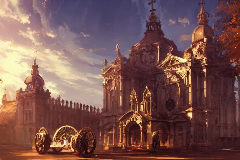 Image similar to a driving ornate baroque church mounted on chainwheels, scene in an open field. key visual, conceptart, ambient lighting, highly detailed, digital painting, artstation, concept art, sharp focus, by makoto shinkai and akihiko yoshida and greg manchess