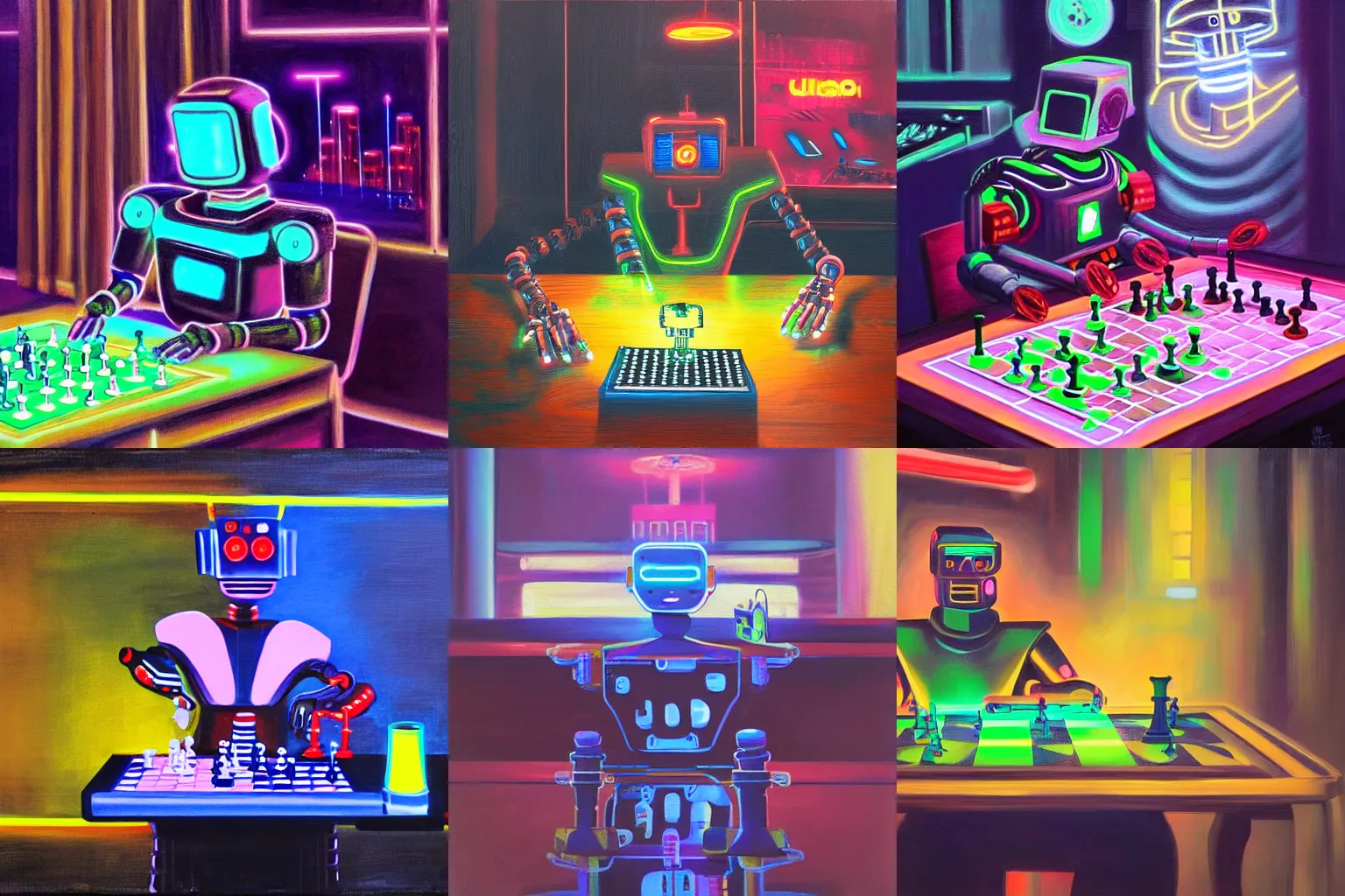 Image similar to a very smart robot playing neon chess sitting at a table, cyberpunk, oil painting