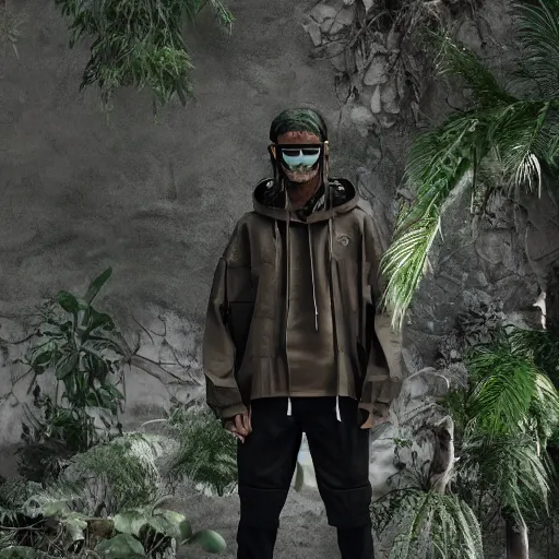 Prompt: bohemian techwear clothing, luxury clothing made with natural materials, earth tones, bright nature colors, light colors, daytime natural background with plants 3 d, octane render, product render, fashion photography, beautiful, fashion, intricate, highly detailed, 8 k, cycles render, dynamic, modeled