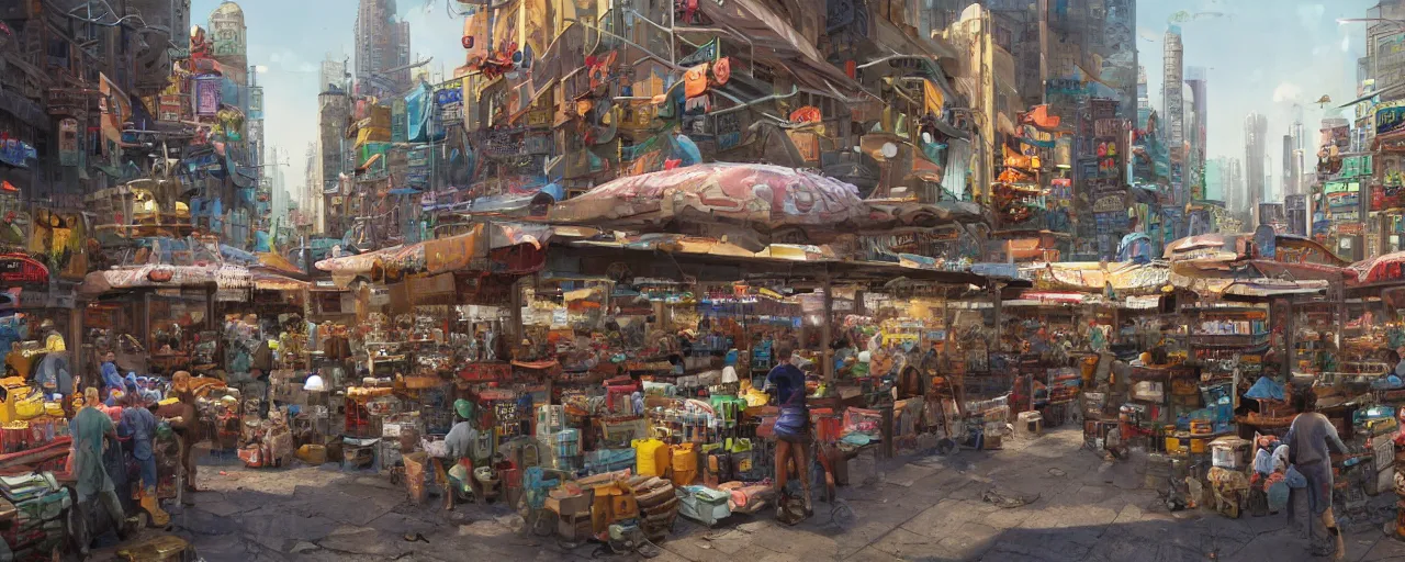 Image similar to street level view of a futuristic market and trading post at the center of a large advanced metropolis busy with activity lots of market signs aliens and people with a floating cars on the streets by craig mullins, neil blevins, dylan cole, james paick, hyper realistic, 8 k, vray render, artstation, deviantart,