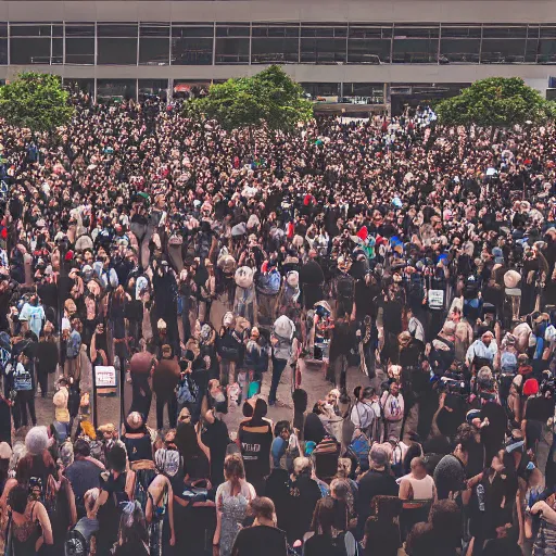 Prompt: zoomed out view of a crowd standing in line that goes on forever, modelsociety, radiant skin, huge anime eyes, rtx on, perfect face, directed gaze, sony a 7 r iv, symmetric balance, polarizing filter, photolab, lightroom, 4 k, dolby vision, photography award