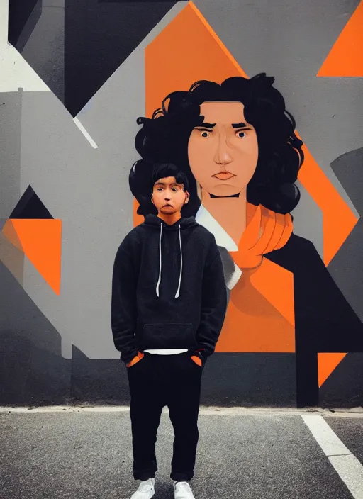 Image similar to symmetry!! portrait of a tan boy with black hair and gray hoodie by sachin teng, organic, cables, matte painting, geometric shapes, hard edges! graffiti, street art