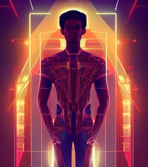 Image similar to symmetry!! egyptian prince of technology, solid cube of light, hard edges, product render retro - futuristic poster scifi, lasers and neon circuits, brown skin man egyptian prince, intricate, elegant, highly detailed, digital painting, artstation, concept art, smooth, sharp focus, illustration, dreamlike, art by artgerm