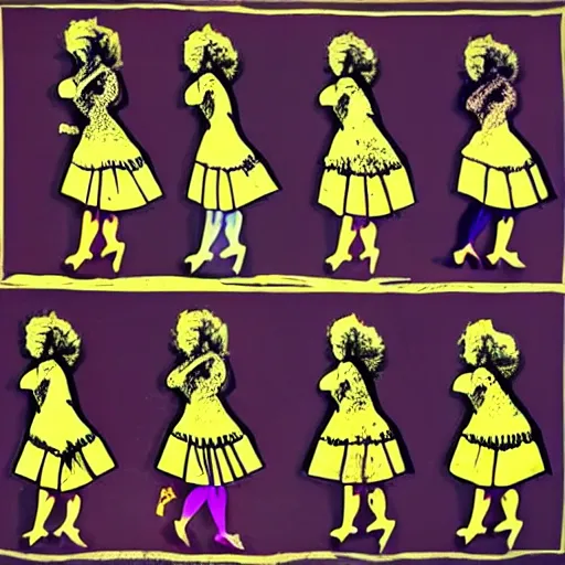 Image similar to seven hens wearing dresses, in the style of Andy Warhol