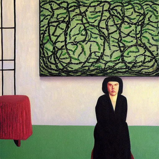 Prompt: painting of an artist in her apartment, wrapped in vines, black walls, puddles, moss, stone, acrylic on canvas, by magritte and monet