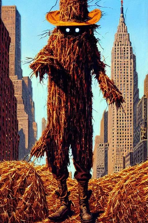 Prompt: classic oil painting, an evil scarecrow made of hay and tattered clothing, as a dnd character, visiting new york city times square, urban, highly detailed, digital illustration, concept art, smooth, sharp focus, art by tim hildebrandt, and greg hildebrandt